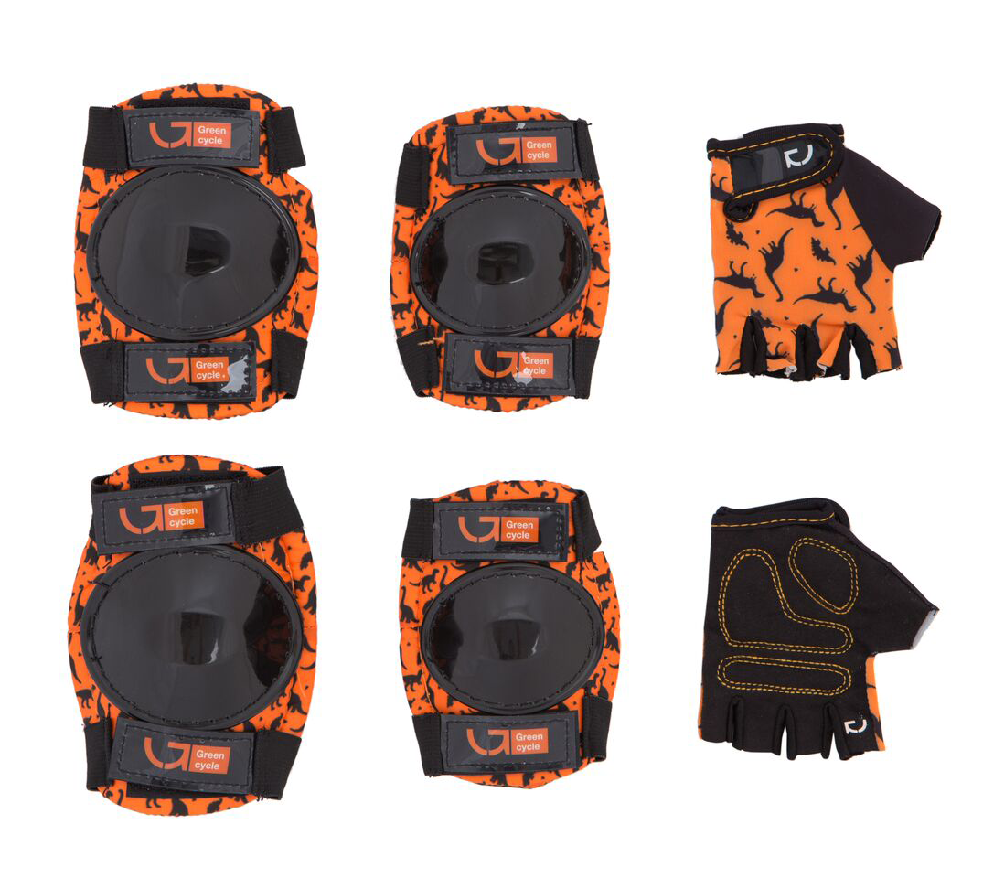 Захист для дітей Green Cycle Dino Orange наколінники, налокітники, рукавички (розмір М), помаранчеві фото 