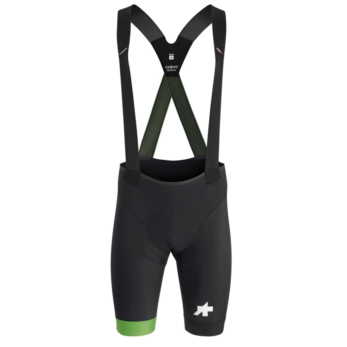 Велотрусы ASSOS Equipe RS Bib Shorts S9 Data Green, на лямках, мужские, черные с зеленым, XLG
